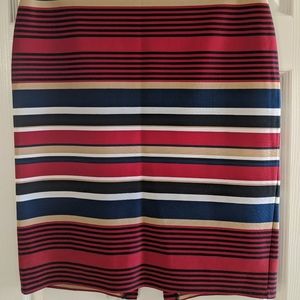 NYCC Knit Stretch Skirt, Slit Back, Red/Black/Navy/Tan/White Stripe, Size L, EUC